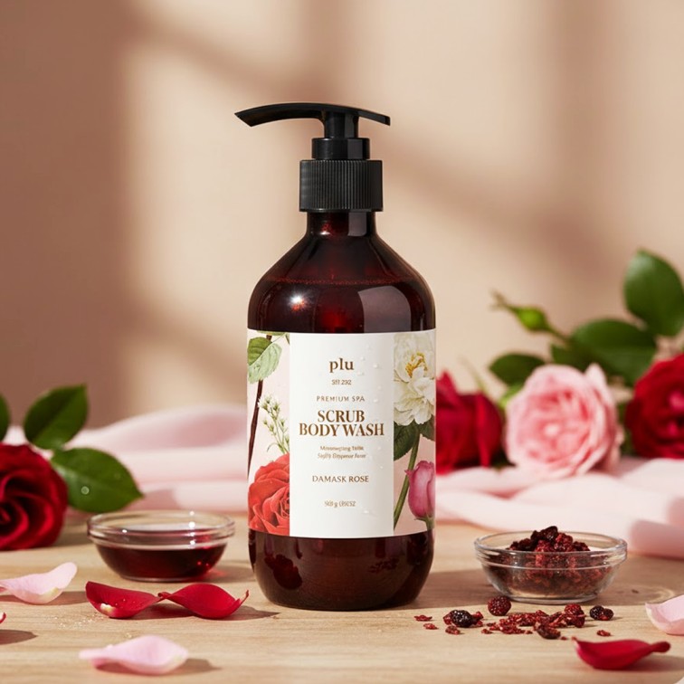 Plu Spa Scrub Body Wash (Damask Rose) - 500ml